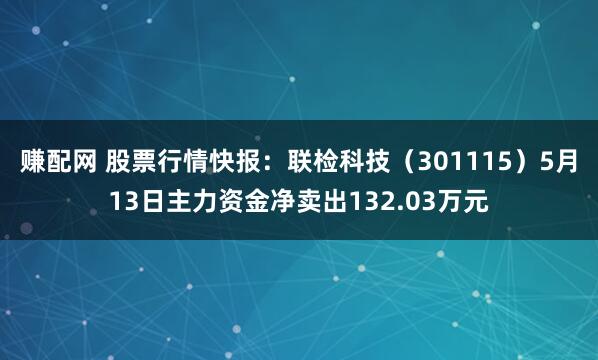 赚配网 股票行情快报：联检科技（301115）5月13日主力资金净卖出132.03万元